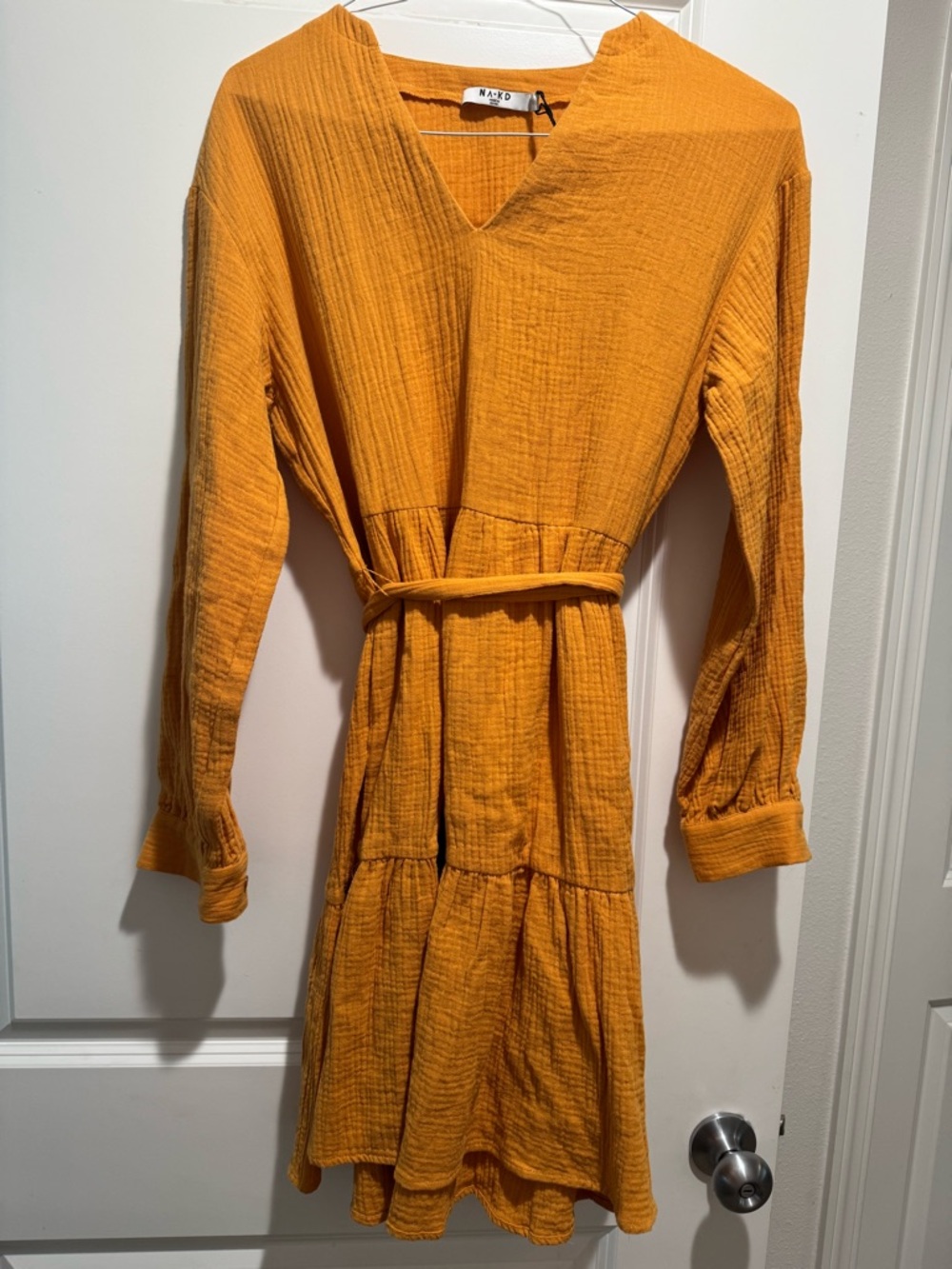 NA-KD Mustard Tiered Long Sleeve V-Neck Dress